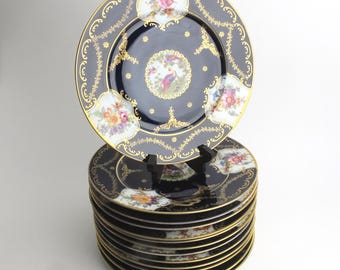 Ernst Wahliss (Union T) Porcelain 13 Cobalt Dinner Plate Set Flowers Pheasants