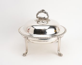 Piatto da portata con coperchio Matthew Boulton Old Sheffield, scaldavivande con drago araldico