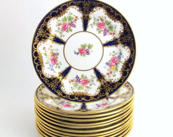 B190 / 6773 by Aynsley Bone China 12 Bread Plate Set Cobalt Panel Fruit Floral
