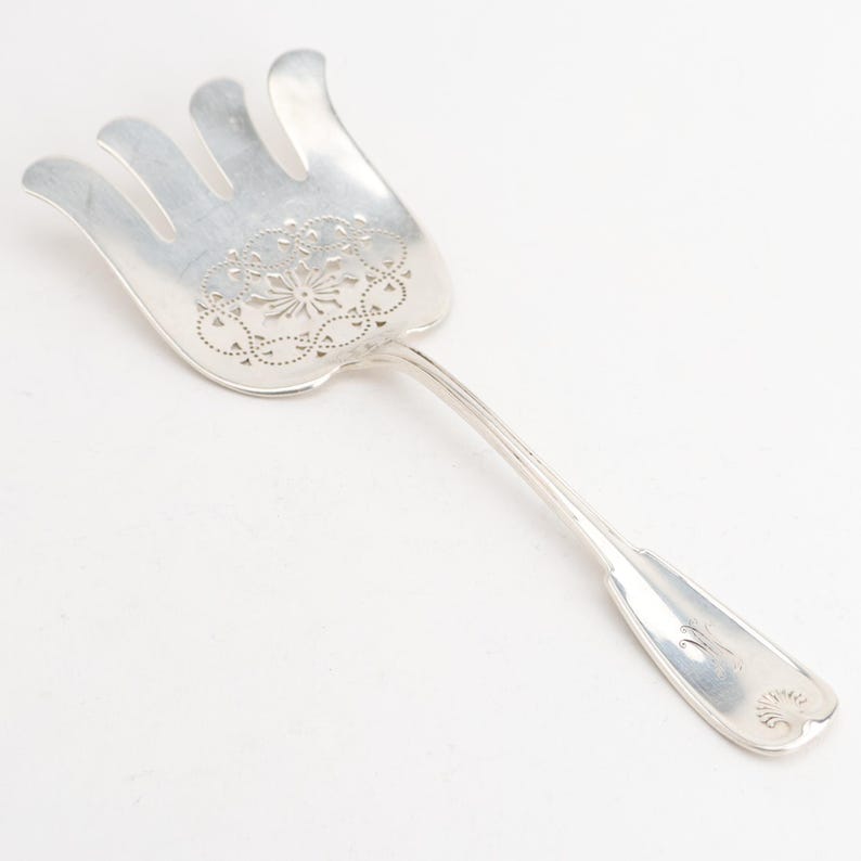 Tenedor para espárragos Palm (1871) de Tiffany & Co., plata de ley, 9,5 pulgadas, 131 g, con monograma. imagen 1