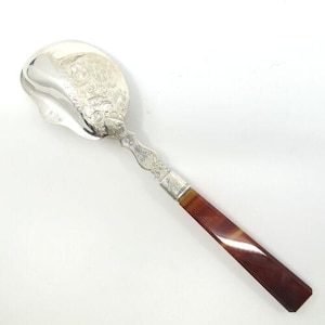 WF SCHUSS c1883 DUTCH .833 Silver 9.5" Pudding Server Spoon Agate Handle Peacock