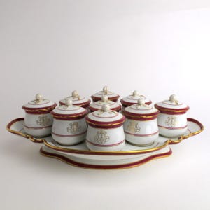 Lahoche Palast Royal Paris Porzellan Set 9 Pot De Creme Töpfe auf Ständer Kastanienbraun