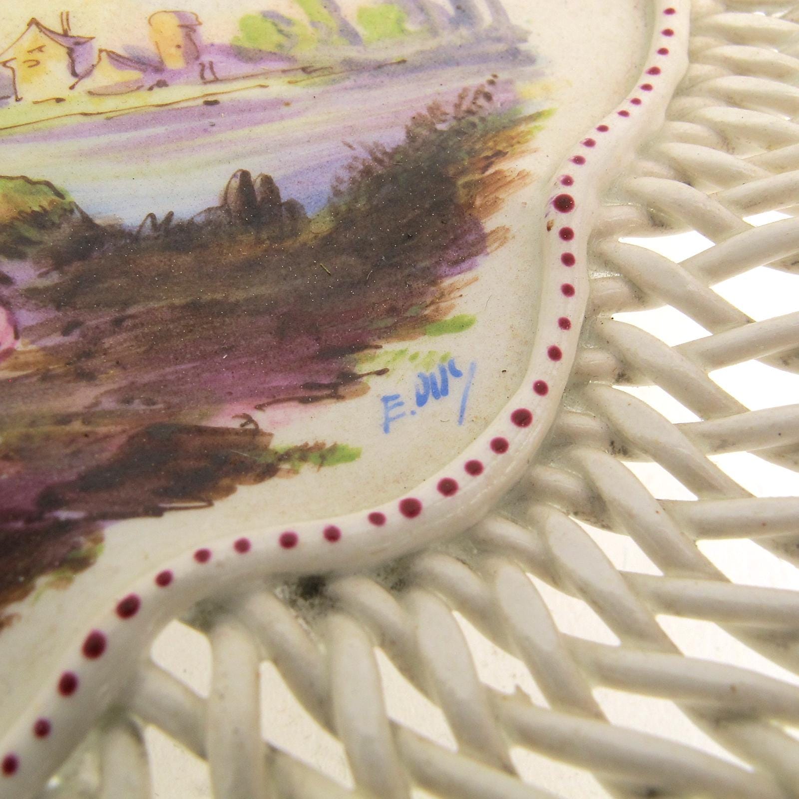 Langeais Faience Woven Lattice Basket Watteau Scene Courting