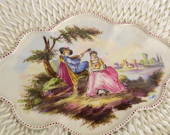 Langeais Faience Woven Lattice Basket Watteau Scene Courting