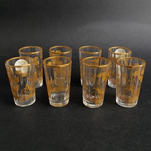 19c Bohemian Set(s) of 8 Antique Gilt Decorated Tiny Tumblers 2.25" Shot Glasses