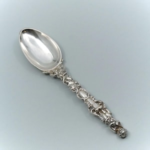 American Coin Silver 7 1/4&quot; Figural Spoon with Putti or Bacchus & Grapevine Neoclassical Monogrammed &quot;MWP&quot;