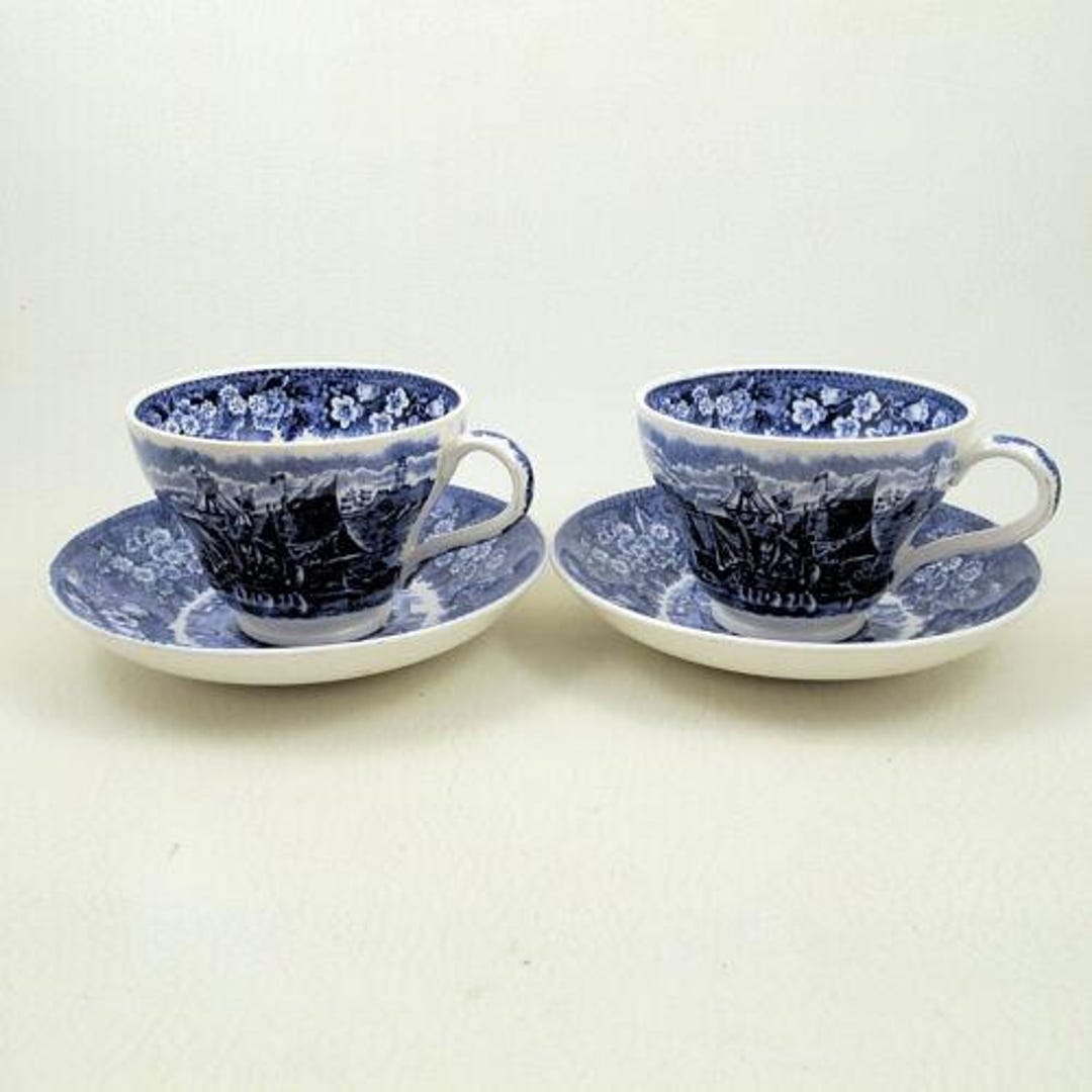 FERRARA BLUE by WEDGWOOD Pair of Cups and Saucers Ships Harbor
