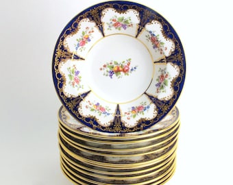 B190 by Aynsley Bone China Set 12 Rim Soup Bowls Cobalt Panel Fruit Floral