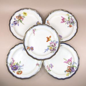 Kante by MEISSEN, ca. 1924, 5-teiliges Kuchenteller-Set, kobaltblau, florales Dessertmotiv, gekreuzte Schwerter