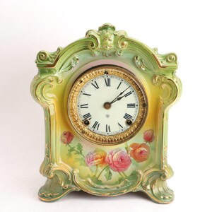 Royal Bonn Green Floral Faience La Ledan' Clock Case with 5" Ansonia Movement