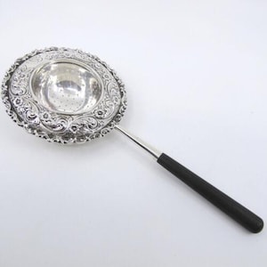 BLACK STARR FROST Antique Sterling & Wood Over Cup Tea Strainer Chased Repousse