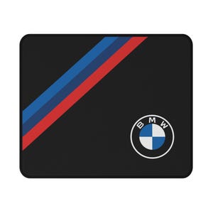 May include: Black mouse mat with a diagonal red, blue and white stripe design. The BMW logo is in the bottom right corner.