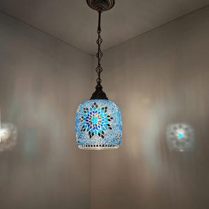 Blue Turkish Mosaic Glass Pendant Lamp: Handmade Bohemian Light