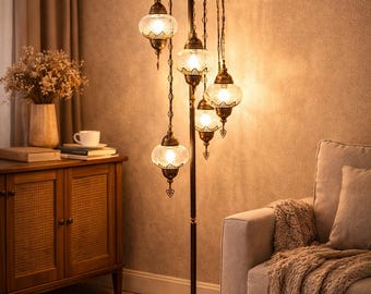 Ręcznie robiona turecka lampa podłogowa w kształcie 5 kul, dmuchane szkło, wystrój w stylu śródziemnomorskim boho