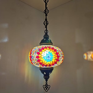 Handmade Turkish Mosaic Glass Pendant Light: Maroon Yellow Globe
