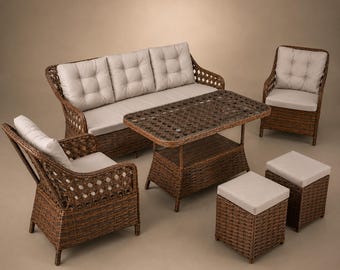 May include: A patio furniture set consisting of a three-seat sofa, two armchairs, two square ottomans, and a rectangular table with a glass top. The furniture is constructed from brown woven wicker and includes light beige tufted seat cushions.
