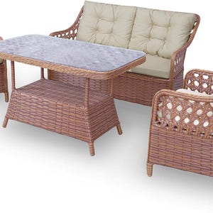 Elegant Shira Rattan Outdoor Furniture Set – Glass Table with Double Armchair & 2 Single Armchairs for Patio, Garden, or Poolside