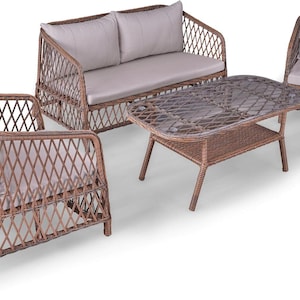 Mira Rattan Outdoor Furniture Set – 4-Piece Patio Set with Table, Sofa, and Armchairs, Weather-Resistant Wicker for Garden