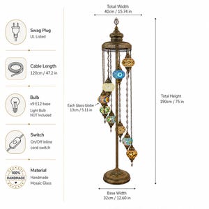 May include: A handmade mosaic glass floor lamp with a bronze finish. The lamp features multiple colorful glass globes, each 5.11 inches in diameter, suspended from chains. Total height is 75 inches, with a base width of 12.60 inches. The lamp includes a cord switch.