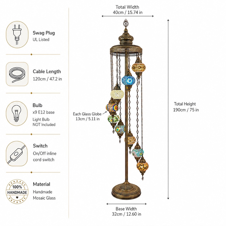 May include: A handmade mosaic glass floor lamp with a bronze finish. The lamp features multiple colorful glass globes, each 5.11 inches in diameter, suspended from chains. Total height is 75 inches, with a base width of 12.60 inches. The lamp includes a cord switch.