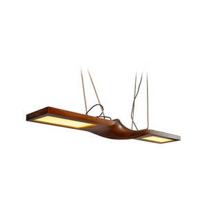 May include: A contemporary wooden pendant light. The light features two rectangular panels emitting a warm glow, joined by a curved, dark brown wooden element. It is suspended by two beige cords and a black wire.