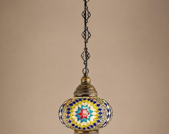 Handgefertigte Mosaik Pendelleuchte, Blau Gelb Glaskugel, Boho Messing Hängelampe