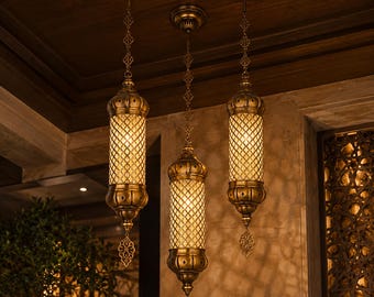 Handblown Crackle Glass Pendant Light, Antique Brass Lantern Ceiling Lamp