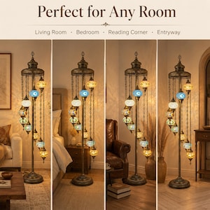 May include: A decorative floor lamp with a bronze finish and multiple colorful mosaic glass globes. The lamp has a spiral design with hanging globes and is suitable for living rooms, bedrooms, reading corners, and entryways.