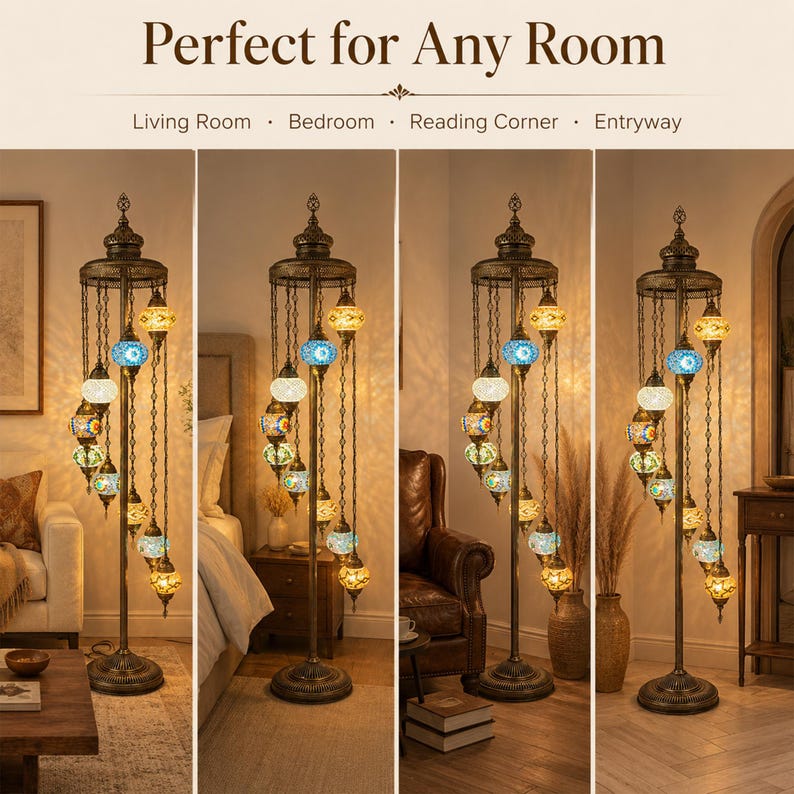 May include: A decorative floor lamp with a bronze finish and multiple colorful mosaic glass globes. The lamp has a spiral design with hanging globes and is suitable for living rooms, bedrooms, reading corners, and entryways.