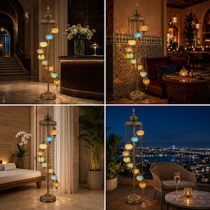 May include: A tall, ornate floor lamp with a spiral design. The lamp features multiple colorful glass globes in shades of blue, yellow, and green. The lamp has a bronze-colored metal frame and a decorative top. The lamp is shown in various settings.