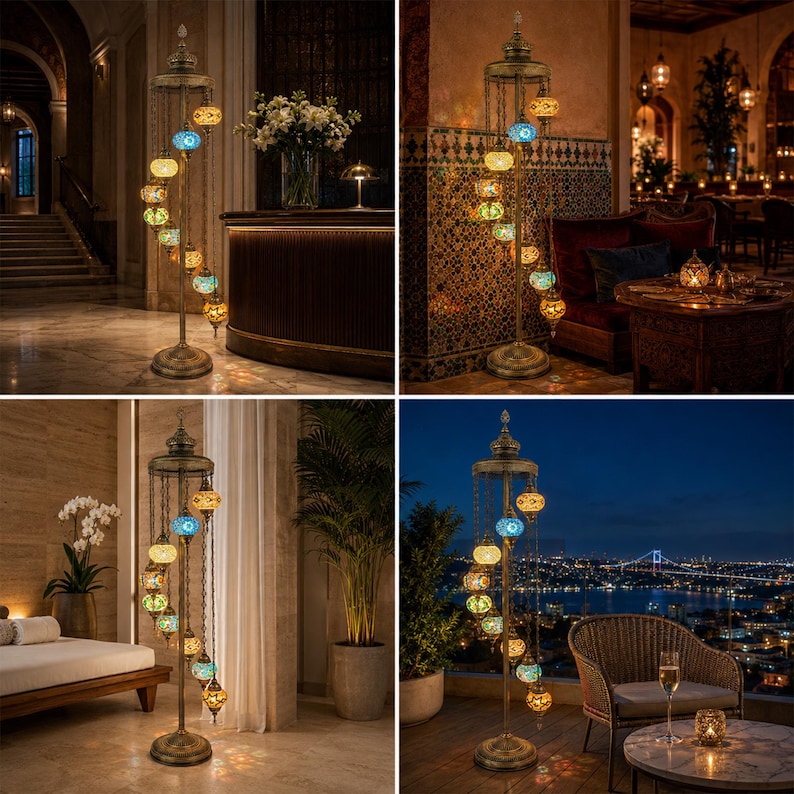 May include: A tall, ornate floor lamp with a spiral design. The lamp features multiple colorful glass globes in shades of blue, yellow, and green. The lamp has a bronze-colored metal frame and a decorative top. The lamp is shown in various settings.