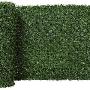May include: A green artificial hedge panel made of plastic. The panel is made to look like a dense hedge of green leaves.