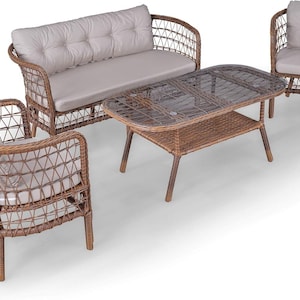 Tea Set Rattan Outdoor Furniture Set – 4-Piece Patio Set with Table, Double Chair, and 2 Armchairs, Weather-Resistant Wicker