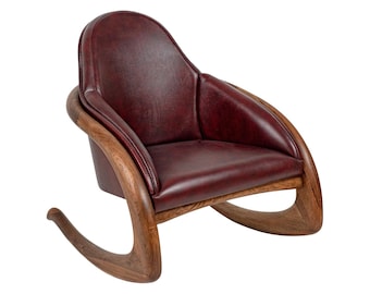 Handcrafted Mid-Century Modern Rocking Chair: Black Walnut & Burgundy Leather