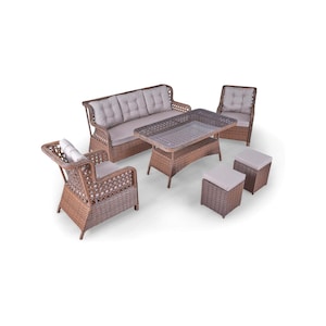 Elegance Rattan Outdoor Furniture Set – 6-Piece Patio Set with Table, Sofa, Armchairs, Stools, Weather-Resistant Wicker