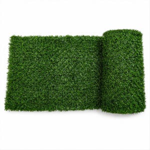 May include: A roll of artificial grass featuring dense, vibrant green synthetic blades. The material is textured to mimic natural lawn turf, with a portion of the mat laid flat and the remaining section coiled into a cylindrical shape on the right.