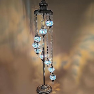 Mert 9 Globe Standing Turkish Lamp - Blue | 100% Handmade in Turkey, Mosaic Glass, Mediterranean, Moroccan Standing Floor Lamps