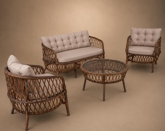 May include: A patio furniture set consisting of a two-seater sofa, two armchairs, and a round coffee table. Each piece features a dark brown woven wicker frame with a crisscross pattern and light beige tufted cushions on the seats and backs.