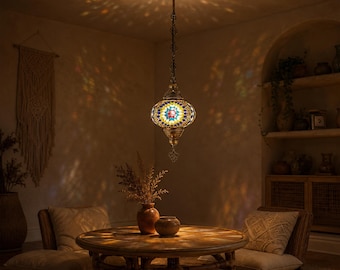 Handmade Mosaic Pendant Light, Blue Yellow Glass Globe, Boho Brass Hanging Lamp