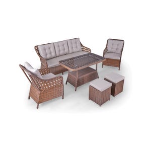 Shira Plus Rattan Outdoor Furniture Set – 6-Piece Patio Set with Table, Sofa, Armchairs, Stools, Weather-Resistant Wicker