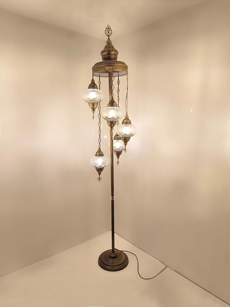 Handmade Turkish Floor Lamp: 5 Globe Blown Glass, Mediterranean Decor