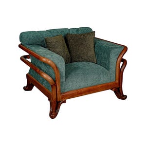 Mid Century Modern Accent Chair: Black Walnut Wood & Blue-Green Cushion