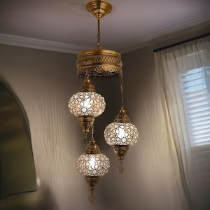 Handmade Turkish Lamp: Elif 3-Globe Chandelier, Blown Glass