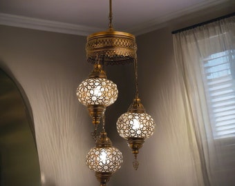 Handmade Turkish Lamp: Elif 3-Globe Chandelier, Blown Glass