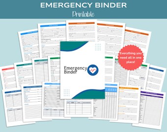 May include: A collection of printable emergency binder forms, including sections for personal information, insurance, and medical history. The binder cover features the title "Emergency Binder" with a heart symbol. The text "Everything you need all in one place!" is also visible.