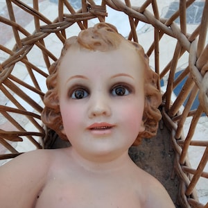 Antique plaster baby Jesus stamp Olot Spain figurines Baby Jesus glass eyes