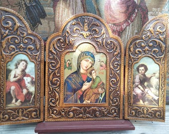 Vintage 1970s Spainsh Religious Icon- Qur Lady of Perpetual Help, infant St. John& The Good Shepherd- Embossed Faux Leather Icon