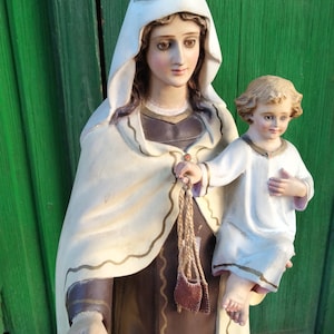 Antique plaster Statue of Our Lady Mount Carmel 47 cm Virgen del Carmen Olot, Spain Religious Catholic Art., religious figure Madonna