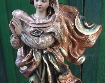 Immaculate Virgin-Antique Spanish Sacred Sculpture in Polychroe Clay and Plaster-Early 20th Century