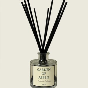 May include: A clear glass diffuser bottle with black reeds. The label reads "GARDEN OF ASPEN" with "Pimento & Patchouli" and "Diffuser" below. The reeds are arranged in a fan shape, creating a decorative and aromatic home fragrance.